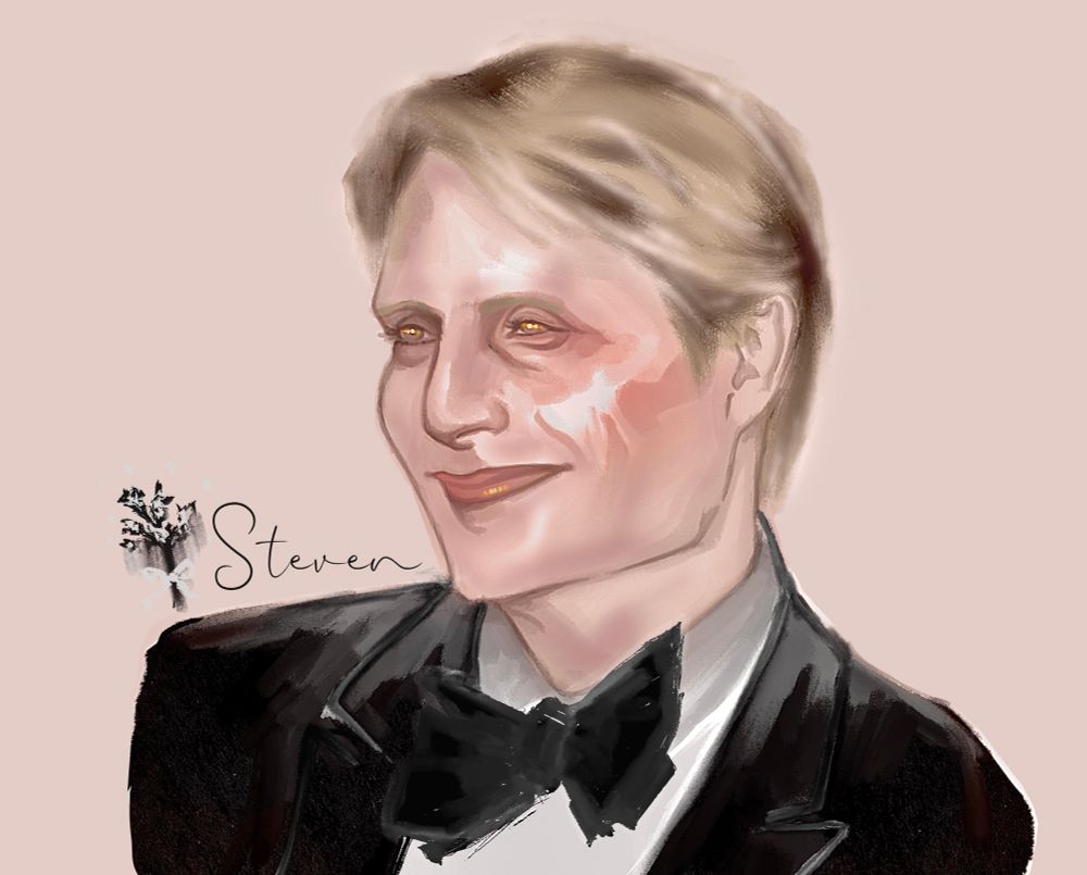 Hannibal in a black suit, his golden hair glowing, and a smile on his lips his skin was pale, almost like a vampire’s