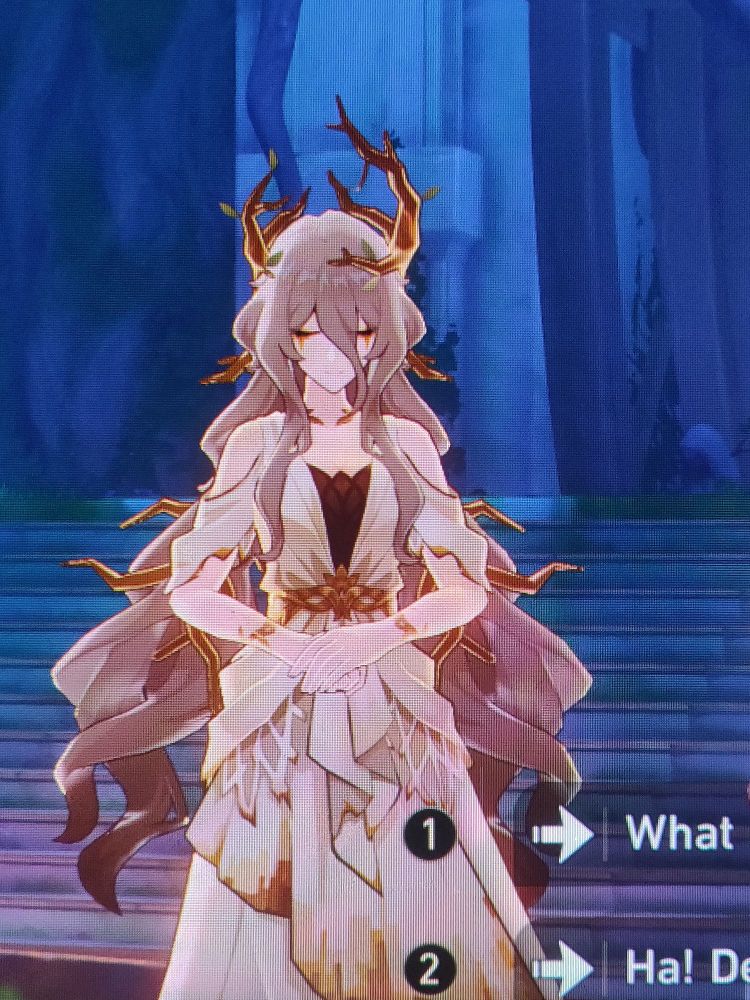 The ??? Character (named Calypso) from the 3.1 quest of HSR. Covered in golden branches and very attractive in my opinion. 