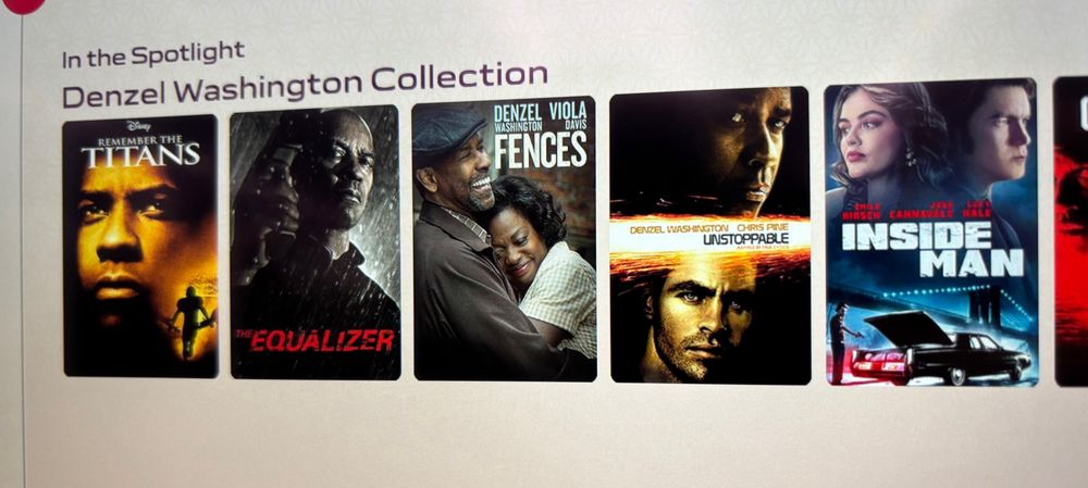 Screenshot of an in flight entertainment screen with Denzel movies but the wrong Inside Man