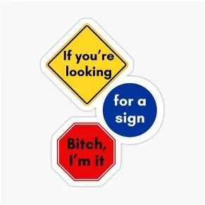 A picture of three traffic signs that say: "If you're lookin for a sign, Bitch, I'm it"