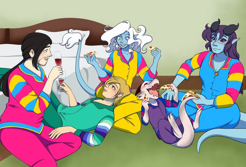 A second illustration of a group of D&D characters posed next to a bed as though having a sleepover. They are each wearing a set of colorful pajamas stylized from various Pride flags. From left to right: a pair of human characters, one sitting upright wearing the colors of the pansexual flag and one reclining wearing the colors of the blue-green "toothpaste" gay flag, toast glasses of wine, a blue-skinned genasi character wearing pansexual colors holds a slice of pizza in each hand while he watches the previous two, a rosy-grey kobold character wearing bisexual colors also holds two slices of pizza with an expression of excitement, and a tiefling character wearing pansexual colors watches the whole group with a fond smile.