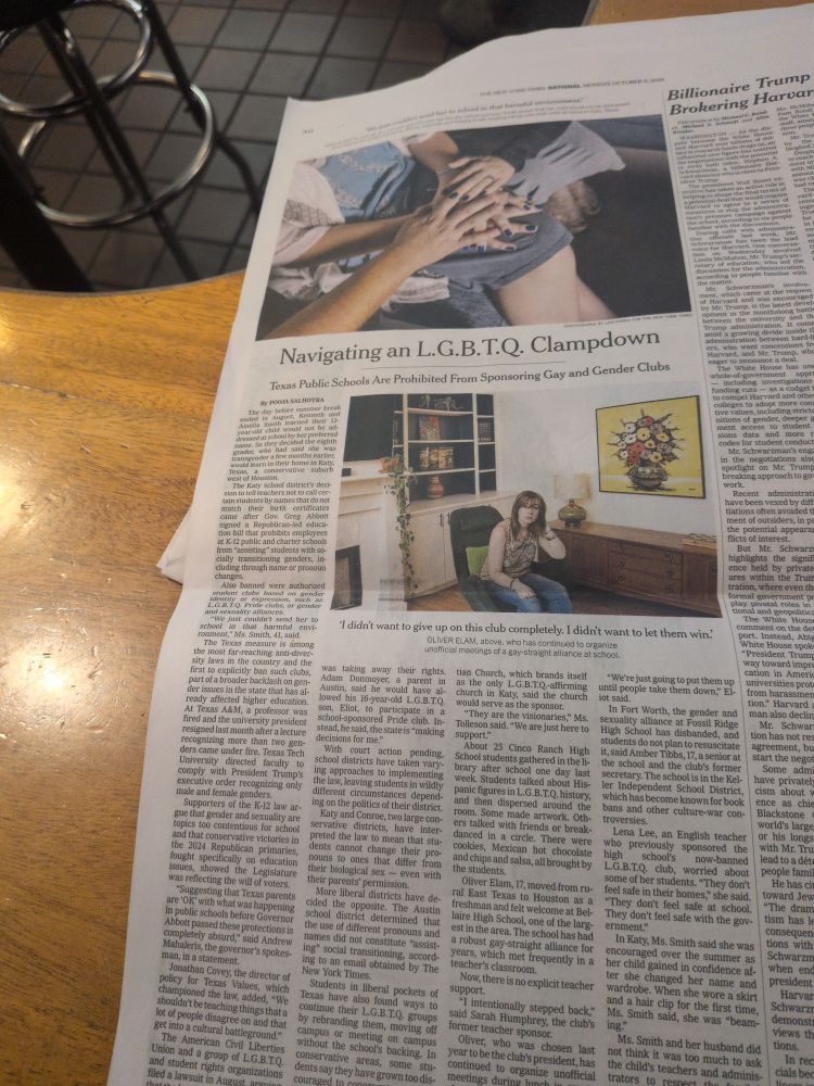 page a12 "Navigating an L.G.B.TQ Clampdown: Texas Public Schools are Prohibited from Sponsoring Gay and Gender Clubs"