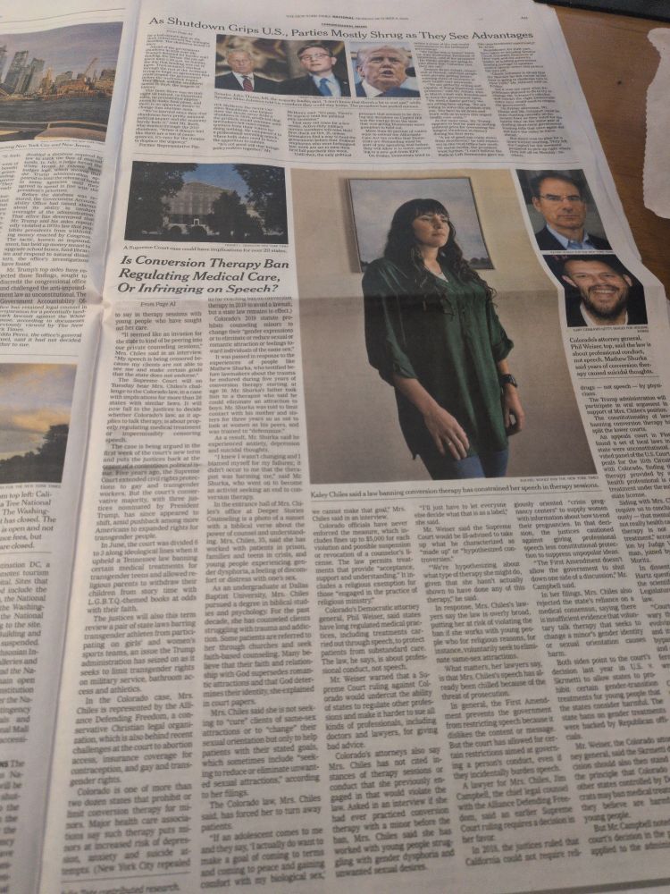 full a11 spread of "Is conversation therapy ban regulating medical care or infringing on speech?" which takes up 3/4s of the page and features a large photo of a brunette woman in a long sleeved green shirt and blue jeans.