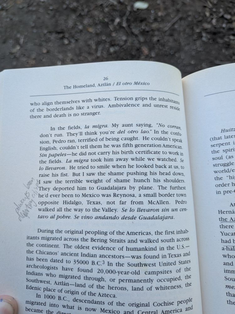 page 26 from Gloria Anzaldúa's Borderlands/La Frontera with some pencil notes in the margins.
