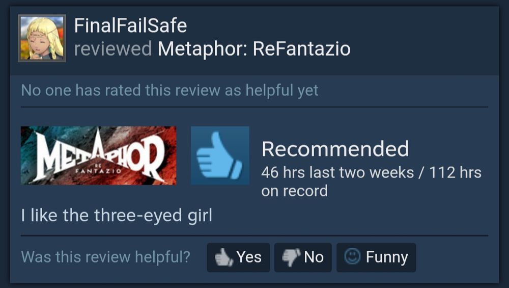 A brief review of Metaphor ReFantazio that simply says "I like the three-eyed girl"