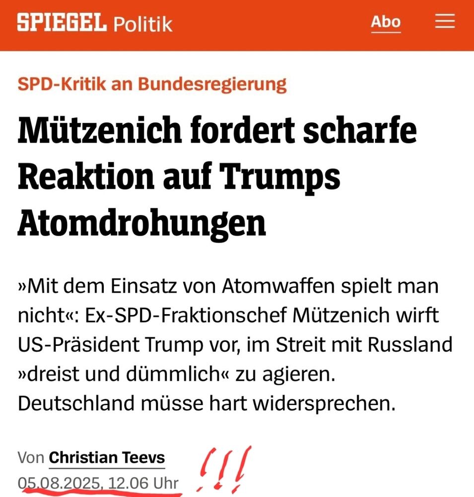 Screenshot von einem Auszug eines Spiegel-Artikels:

Mützenich fordert scharfe Reaktion auf Trumps Atomdrohungen