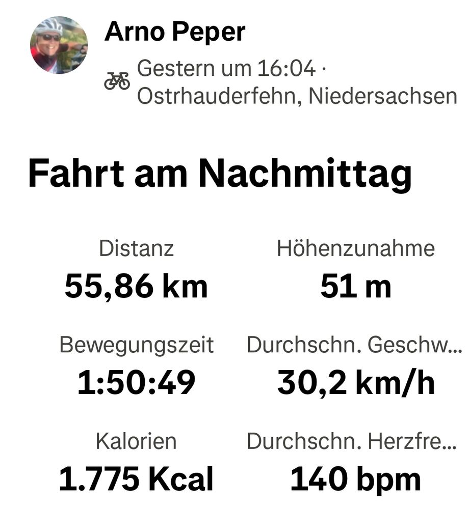 Daten der gestrigen Fahrt mit dem Rennrad:

56 Kilometer in 1 Stunde und 50 Minuten mit einer Durchschnittsgeschwindigkeit von 30,2 km/h