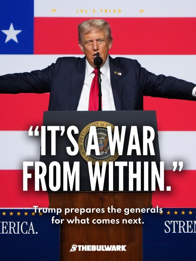 Bild mit Trump und seinem Zitat: It's a war from within."

Darunter der Satz: Trump prepares the generals for what comes next.