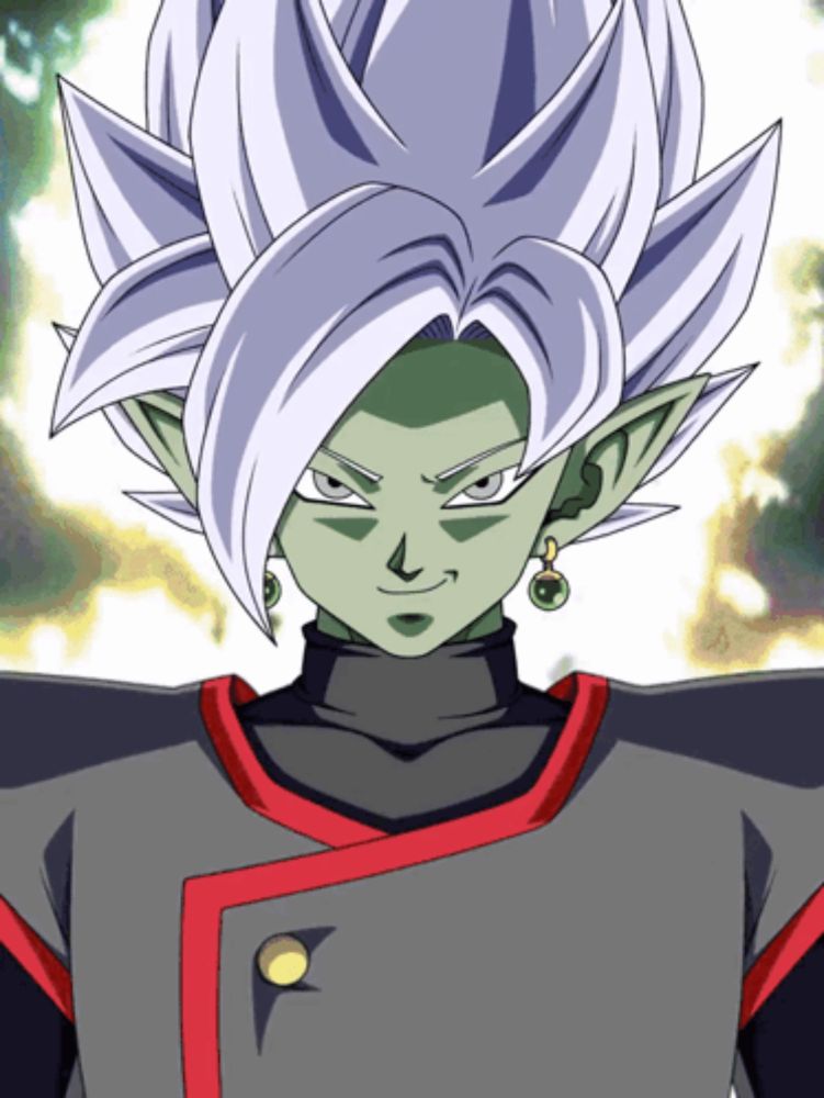 a close up of a cartoon character with white hair and green eyes