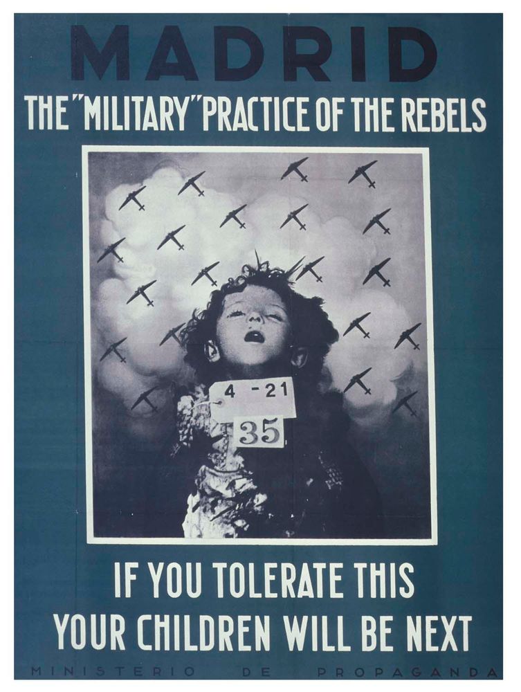 Propaganda poster dating from the Spanish Civil War [1936-39]

Reads "The "military" practice of the rebels *, if you tolerate this then your children will be next"

* Franco's troops