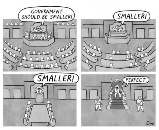 Cartoon with four successive frames. Frame 1 is a legislative chamber with the chairman yelling "Government should be smaller". Two more frames with the chairman yelling "Smaller!" as people disappear. In the final frame, the chairman is alone on a throne except for two armed guards, and he says "Perfect."