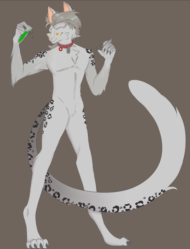 Snow leopard furry holding vial and syringe 