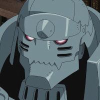 Alphonse Elric from Full Metal Alchemist, a large hulking suit of armor with glowing red eyes.