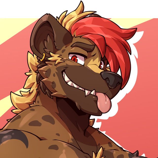 My spotted hyena Zaos smirking and sticking out his tongue at the viewer.