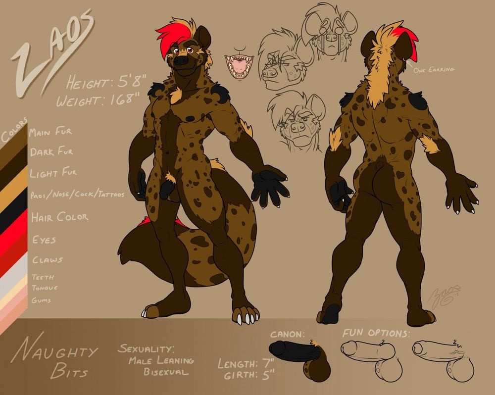 Zaos NSFW ref showing the front and back view of the hyena.