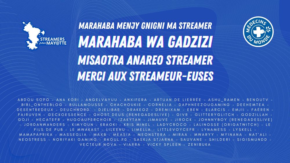 visuel de remerciements aux streameur·euse·s pour #StreamersPourMayotte avec la liste de tous les participant·e·s