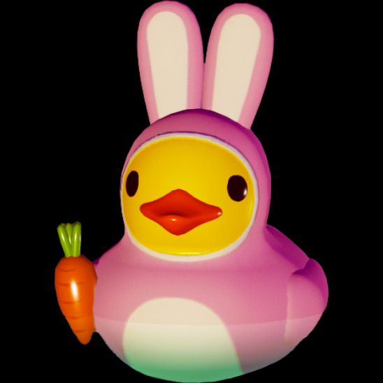 petit canard en plastique avec un costume de lapin rose, il tient une carotte. Image tirée du jeu Placid Plastic Duck Simulator