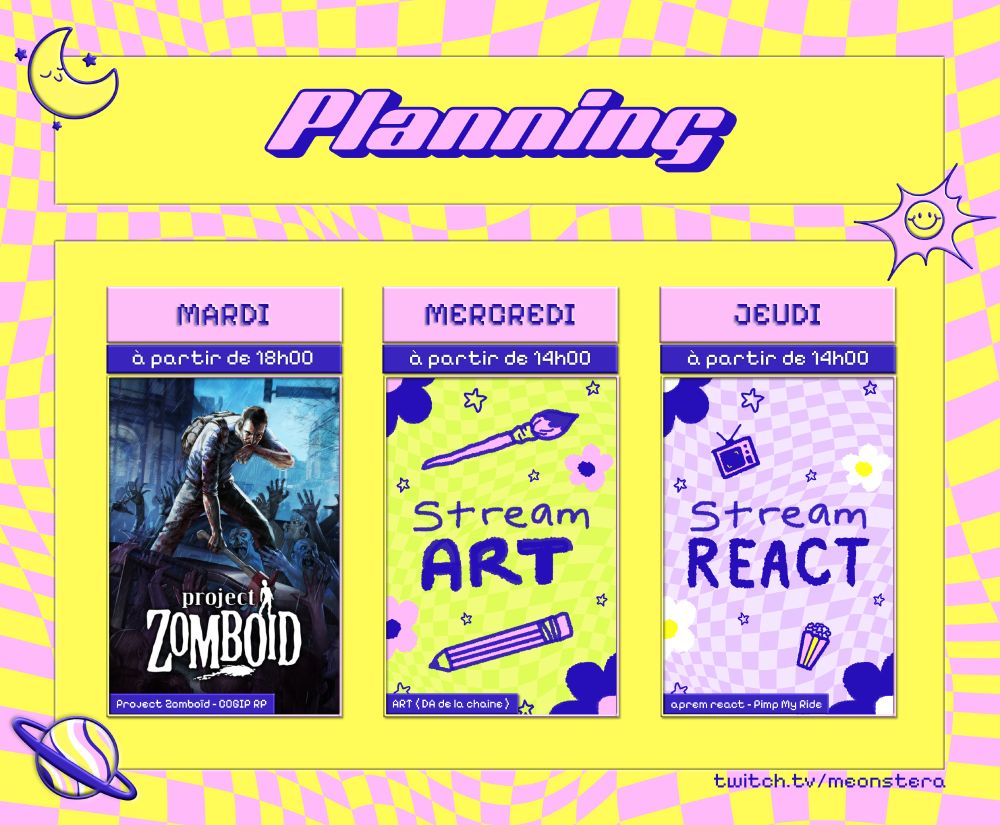 Planning de la semaine du 08/09/25

• mardi 18h00 : Project Zomboïd - Roleplay
• mercredi 14h00 : stream ART (DA de la chaîne)
• jeudi 14h00 : react sur Pimp My Ride avec Bingo et prédictions 