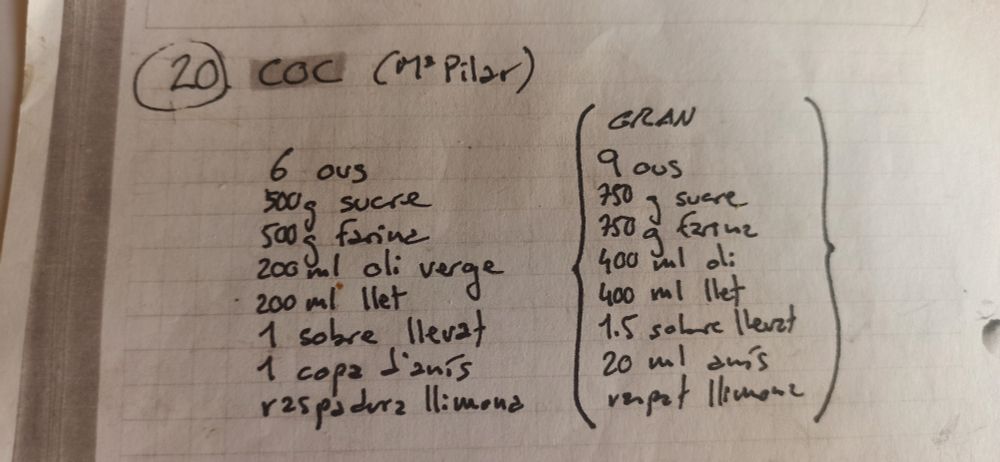 Recepta del cóc amb proporcions per al de mida "normal" i el "gran": 9 ous, 750 g sucre, 750 g farina, 400 ml llet, 400 ml oli, 1,5 sobre llevat, 20 ml anís, ratlladura llimona.