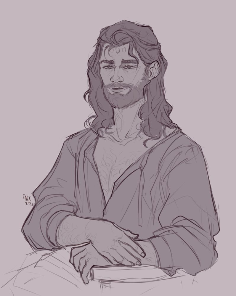 Sketch of Jayce posed as Leonardo da Vinci's Mona Lisa. It's implied that this is post-canon, Jayce having Viktor's fingerprints on his forehead. He has shoulder length hair that is slightly curling at the ends and his s2 beard. He's wearing a loose shirt with puffy sleeves and an open collar, showing off a part of his chest