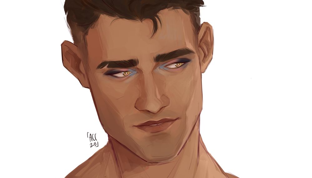 Cropped sketch of Jayce in full color. He's looking to the side, his eyelids painted in a gradient of black, pink and blue. There's a small smile on his lips, front teeth slightly visible.