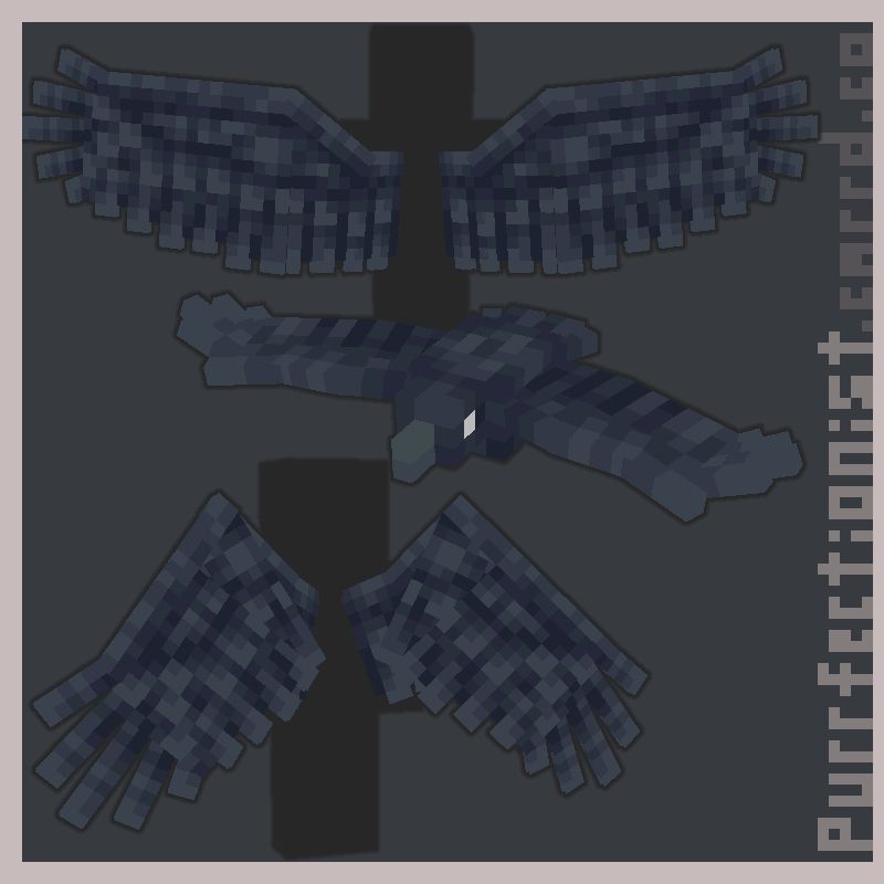Low poly model of a Minecraft player wearing black crow wings, and a crow model. 