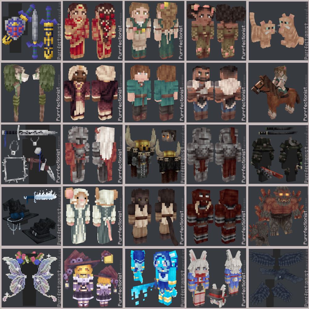 A large 5x5 grid of detailed low poly Minecraft skins and models. 