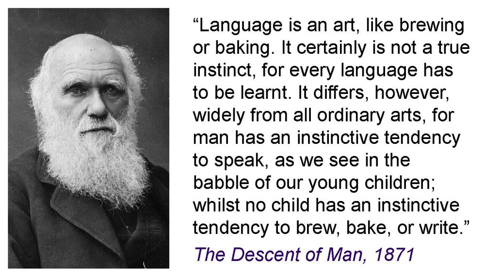 Photograph of Charles Darwin, with a quote next to it, taken from The Descent of Man, his book published in 1871. The quote reads: "Language is an art, like brewing or baking. It certainly is not a true instinct, for every language has to be learnt. It differs, however, widely from all ordinary arts, for man has an instinctive tendency to speak, as we see in the babble of our young children; whilst no child has an instinctive tendency to brew, bake, or write."