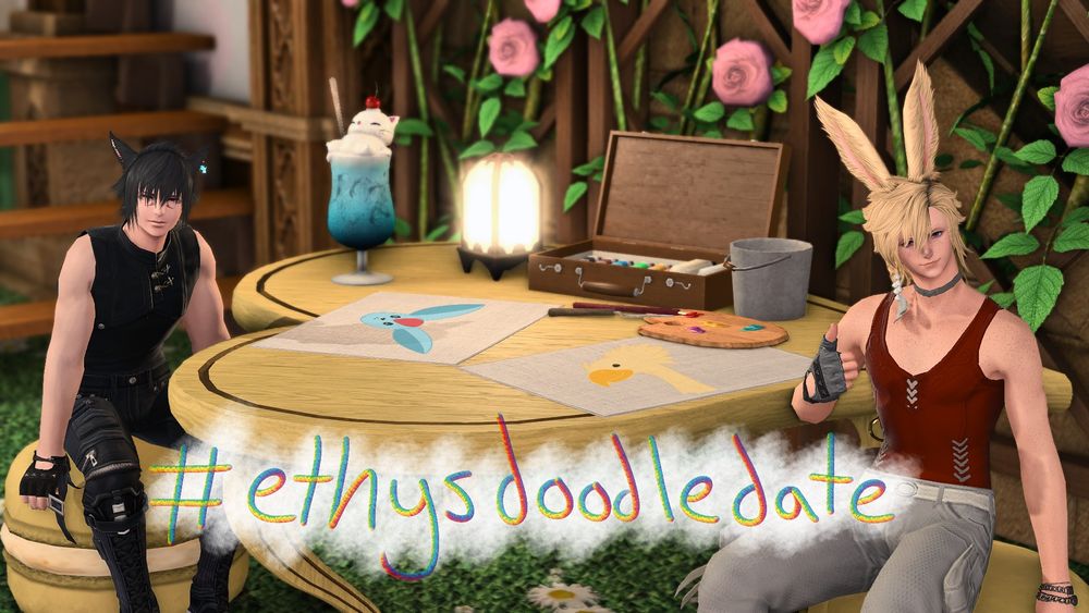 A gpose of Noctis and Prompto from FFXV as Miqo'te and Viera. They're at an art party sitting at a table with drawing/painting supplies. They drew on some paper. Noctis drew a Carbuncle Plushie and Prompto drew a Chocobo. There's writing that reads in rainbow pencil "#ethysdoodledate".
