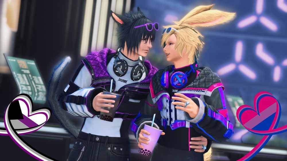 A gpose of Noctis and Prompto as a Miqo'te and Viera, together in Solution 9, dressed in futuristic attire. Their clothing colors representing their pride flags. Noct's colors are ace/demi and Prom's colors are bi. They're having boba tea! Noct's arm is around Prom's waist while Prom chats away. There's pride ribbons on each side corner in the shape of a heart, inside the heart is their pride flag. Demi for Noct, Bi for Prom.