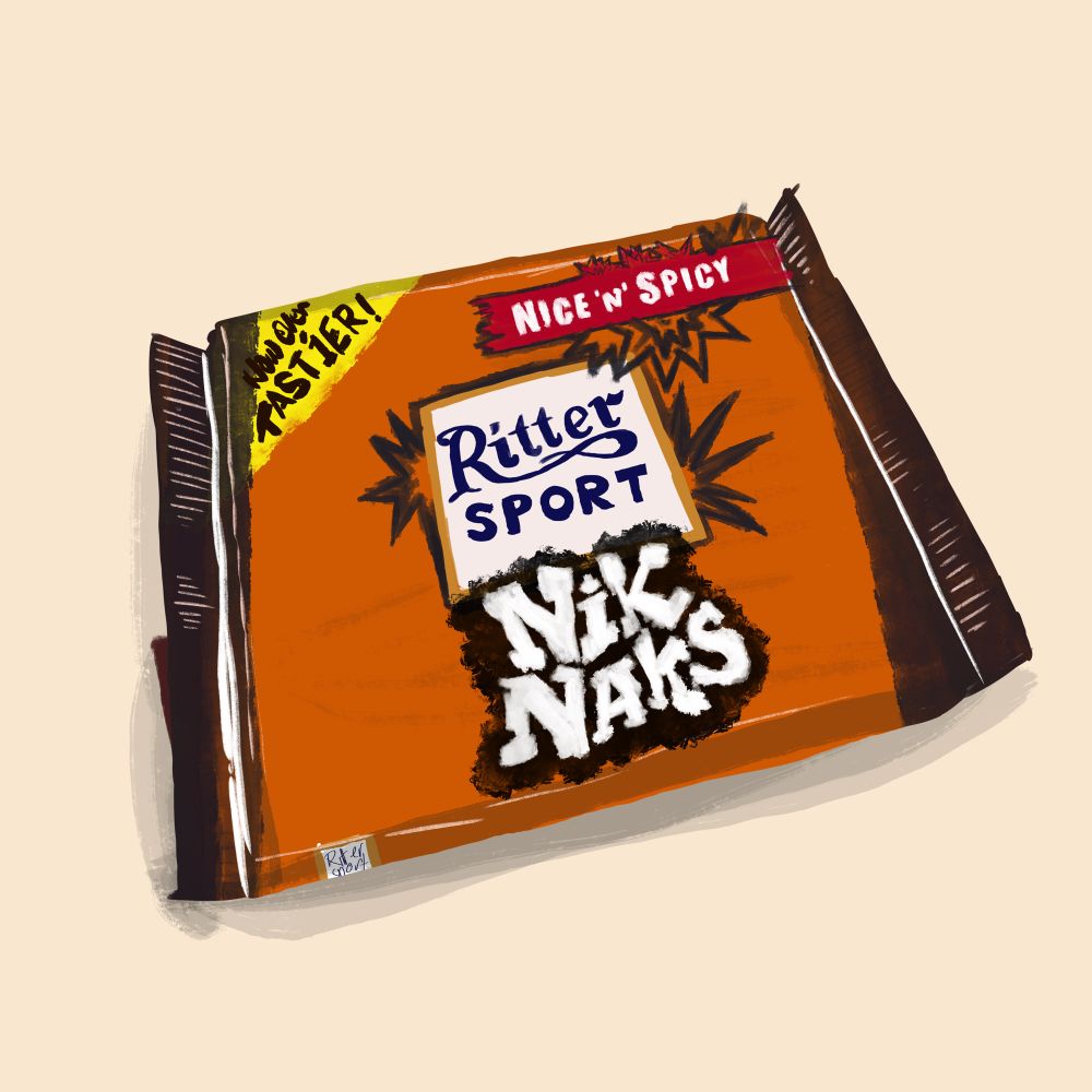 Illustration of a weird Ritter Sport chocolate bar with Niknaks on. 