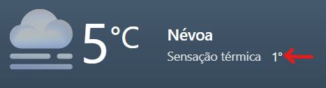 Imagem parcial da página msn clima, onde se lê "5°C Névoa Sensação térmica 1°C"
