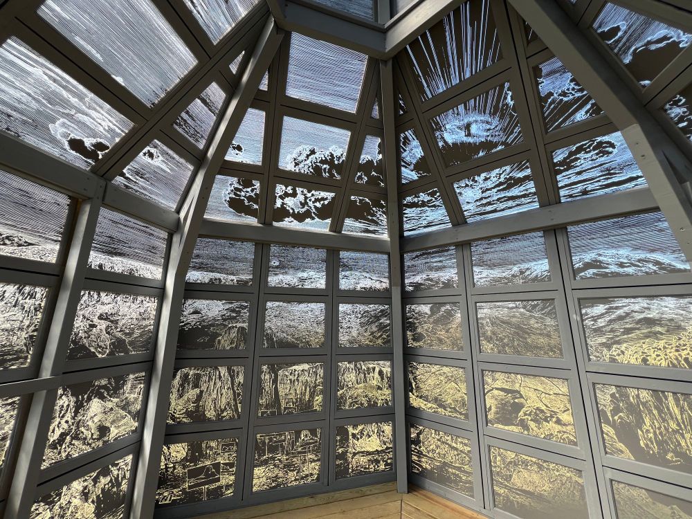 Interior of the structure, revealing each panel is hand etched by Church to depict the landscape of the surrounding Catskills area