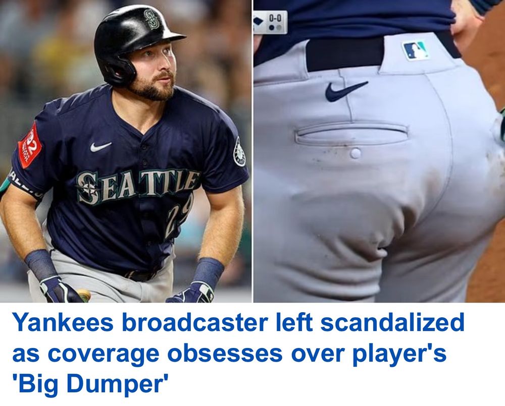 “Yankees broadcaster left scandalized as coverage obsesses over player’s ’Big Dumper’” with a picture of Seattle Mariners catcher Cal Raleigh’s juicy fat ass