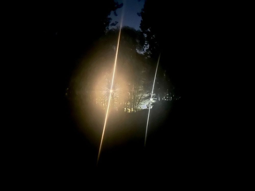 two glowing lights illuminate some water in the distance as we peer through dark woods.