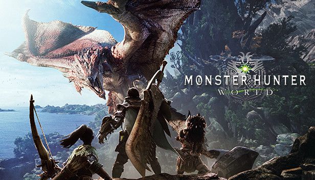 The cover art for Monster Hunter World, featuring three hunters looking at a Rathalos