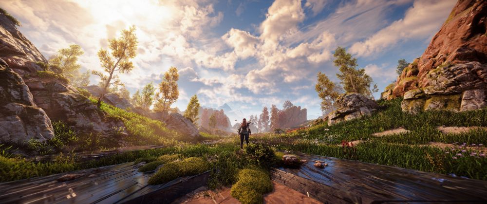 A screenshot from the Horizon Zero Dawn Remaster of when Aloy exists the very first Cauldron.