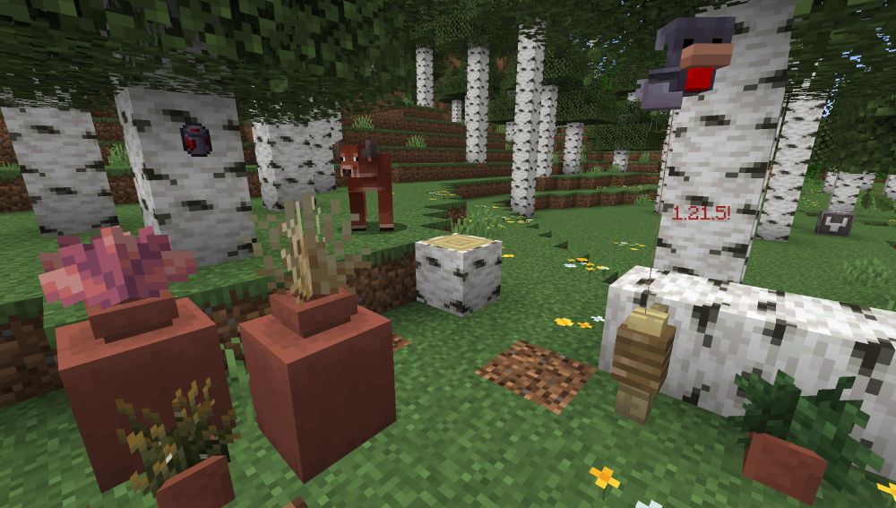 A Minecraft screenshot featuring a birch forest with a fallen log. Some decorated pots with cactus flowers and dry grass showcase the Blossoming Pots data pack. In the background is a warm cow and a cold chicken floating on a lead showcasing the Balloon Animals data pack.