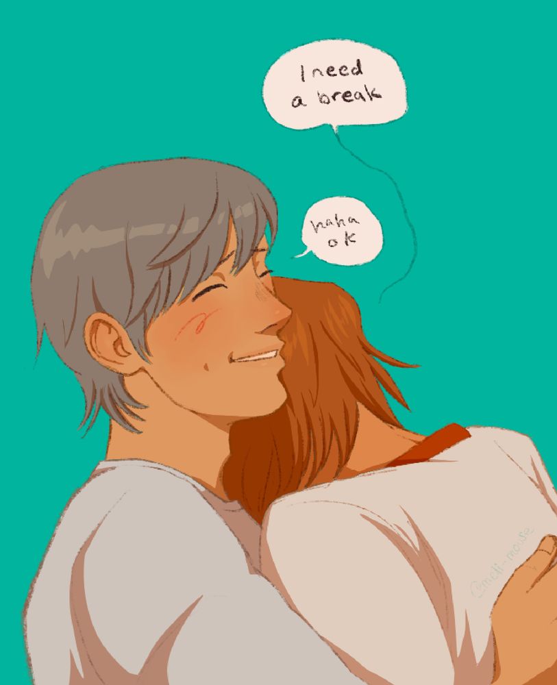 yu and yosuke from persona 4 hugging, yosuke is leaning on yu's shoulder saying "I need a break" and Yu, laughing, says "haha ok"