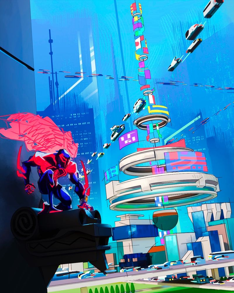 digital illustration of Spider-man 2099 (Miguel O'Hara) standing on a gargoyle overlooking Nueva York, its mid day and the city is busy. Behind Miguel is the space elevator and a lot of traffic. 