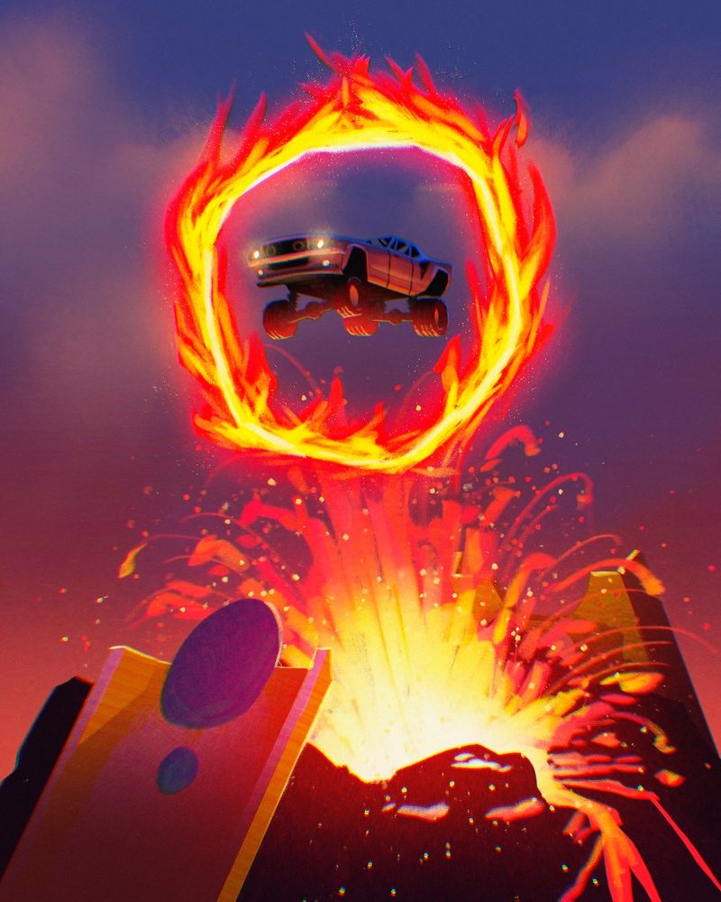 a toy mustang makes and insane jump over an exploding volcano, through a ring of fire with the hopes of landing on the track on the other side of the volcano. 