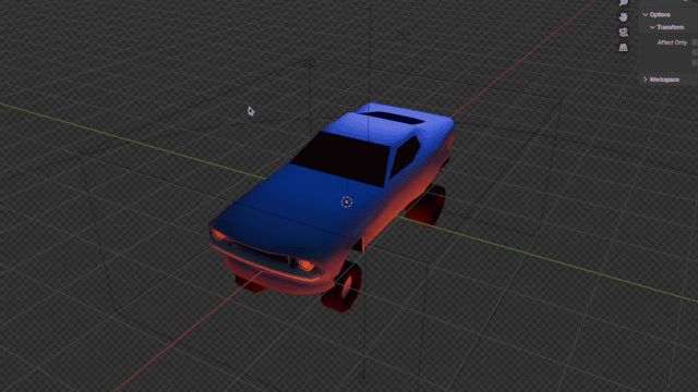 animated gif of a 3D model i created in blender of a car that looks like a boss mustang from 1969. its lit from the top and bottom, warm lights below and cool lights from above with a blue paint job. model is simple and low-poly.