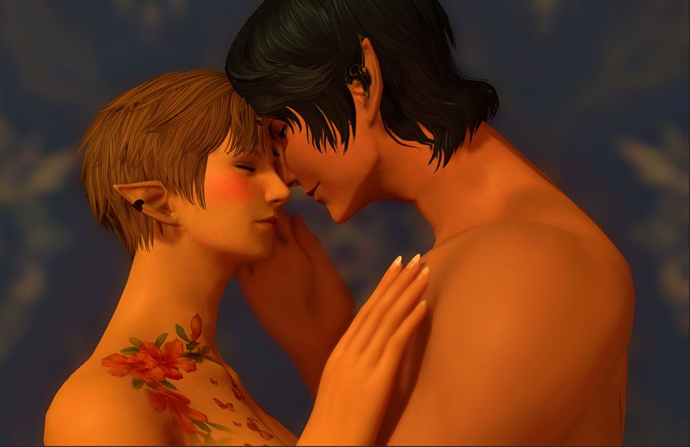Two Elezen holding each other tenderly