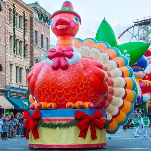 A large inflatable turkey is on a Thanksgiving parade route. (21st century turkey trying its best to be like a 19th century hog.)