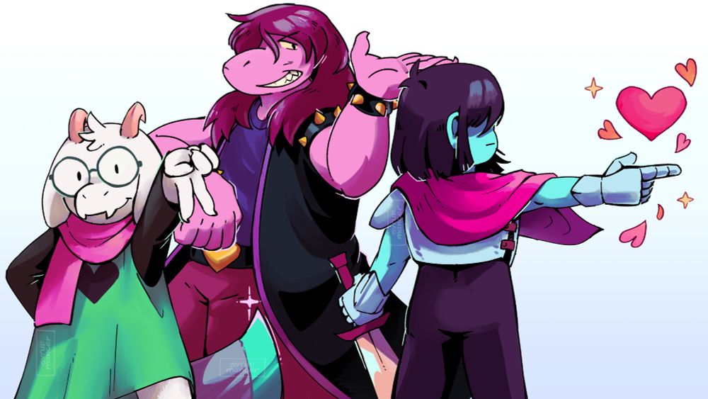 Fanart of Ralsei, Susie and Kris from Deltarune. Ralsei gives us a sassy little v sign, Susie shrugs cool- and nonchalant-ly and Kris is facing the other way, pointing to the right and shooting a little heart explosion