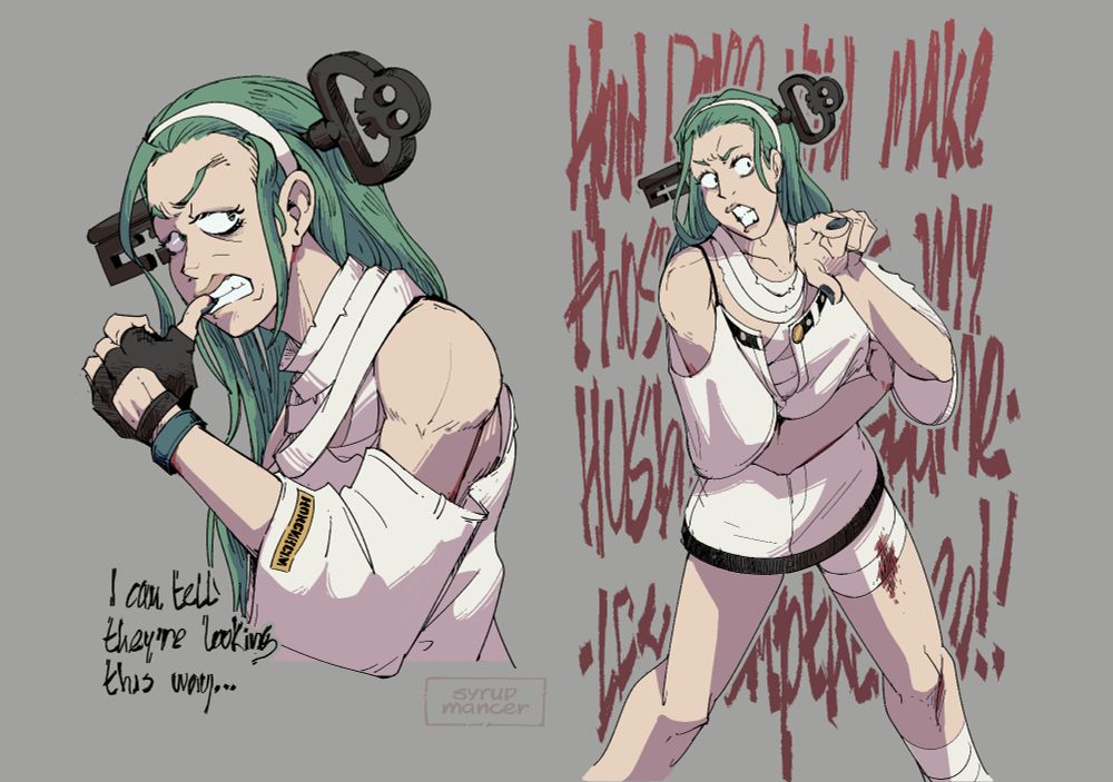 A.B.A from Guilty Gear strive. She's a thin, pale woman with red injuries through her limbs wrapped in bandages and loose clothing. She's looking jealously offscreen in the first image, biting her nail saying "I can tell they're looking this way...". On the second image, she's looking madly while pointing offscreen and seething. The text is behind her and distorted