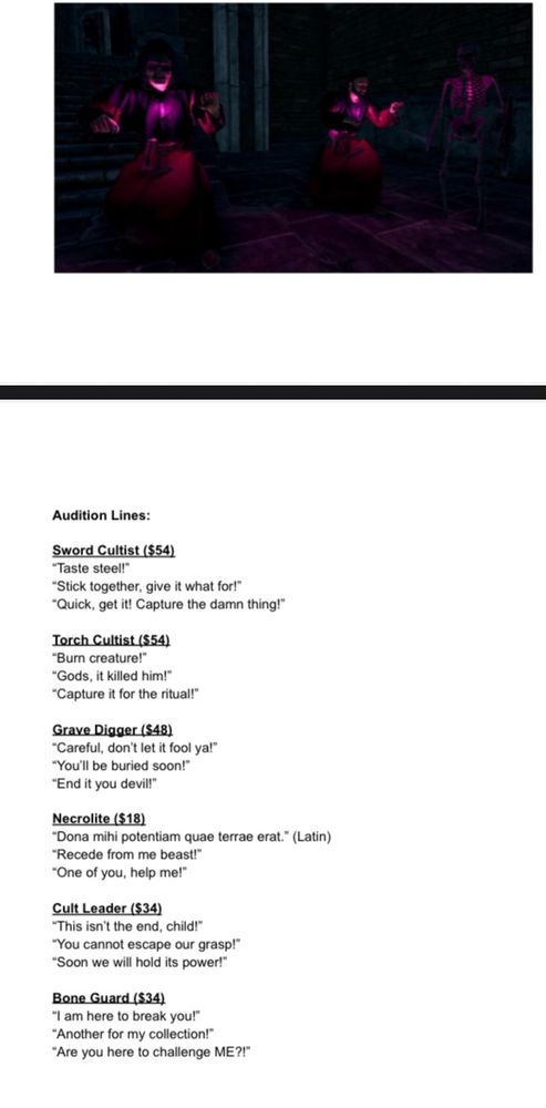 Lines for a Videogame Voice Acting casting 