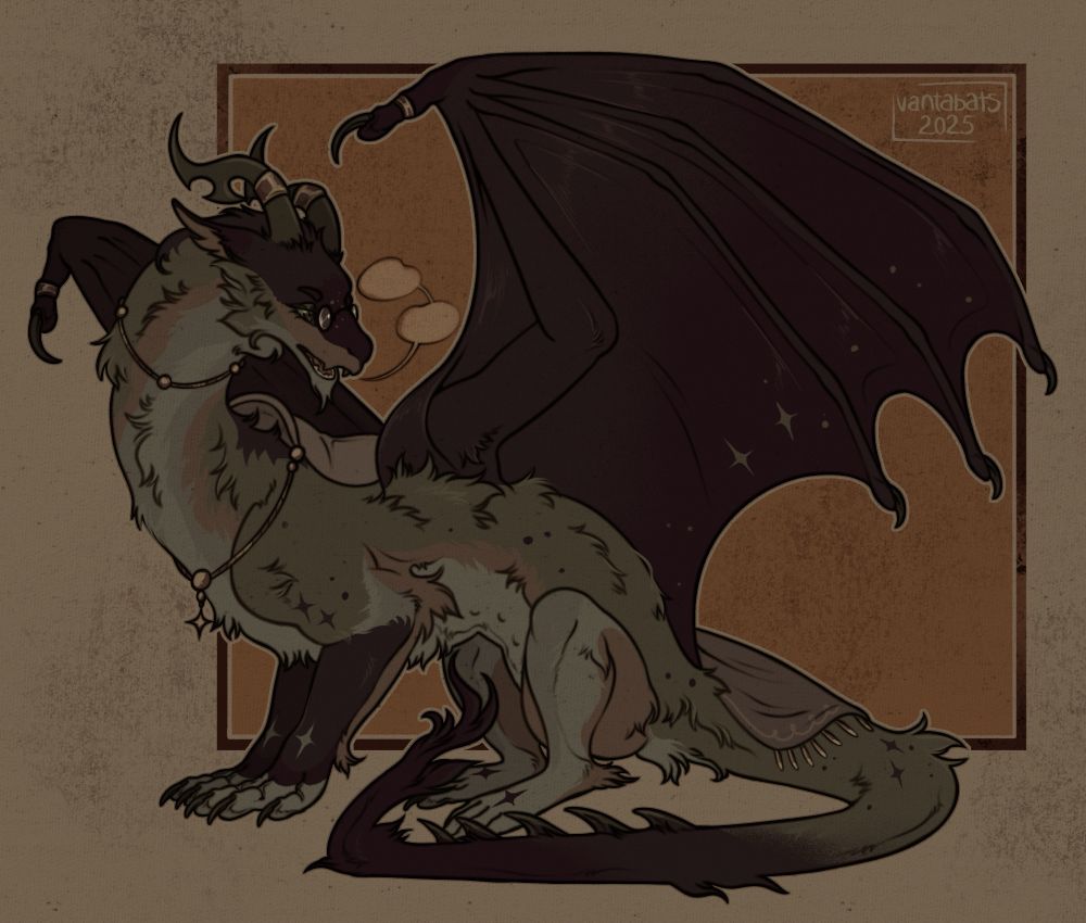 Digital art. A dark green and gray dragon with dark red wings sits, looking over his shoulder with two empty speech bubbles near his mouth as if he’s rambling about something. The background is a simple beige with an orange frame behind him. 