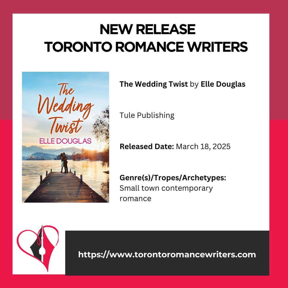 White square surrounded by a border consisting of two different shades of red.

In side the square is the following. At the top in black text are the words: New Release. Toronto Romance Writers.

Under that on the left hand side is a book cover of the book: The Wedding Twist by Elle Douglas

On the right side is the following text: The Wedding Twist by Elle Douglas
Tule Publishing
Released Date: March 18, 2025
Genre(s)/Tropes/Archetypes:
Small town contemporary romance

At the bottom of the image is the TRW logo and their website in white text in a black background: https://www.torontoromancewriters.com