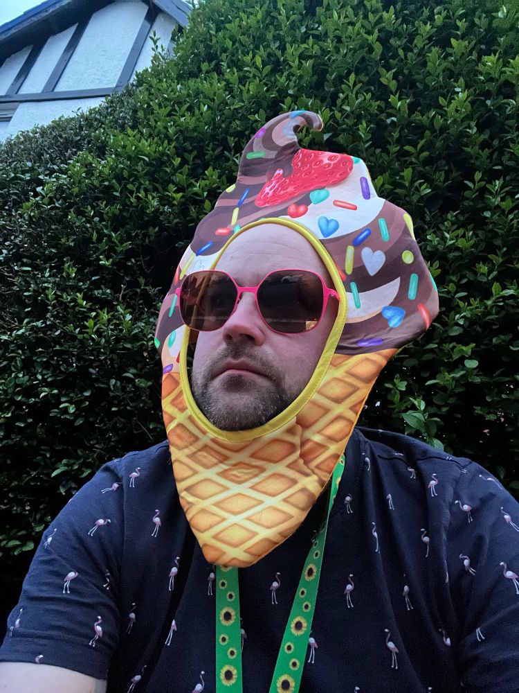 A selfie. I’m wearing a hat which is a cartoon ice cream.